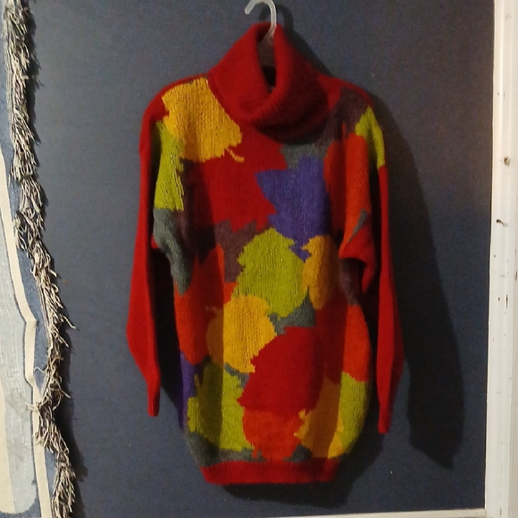 GUC Chaus Red Knit Acrylic Mohair Blend abstract Turtle Cowl Sweater Size Large - Picture 1 of 7